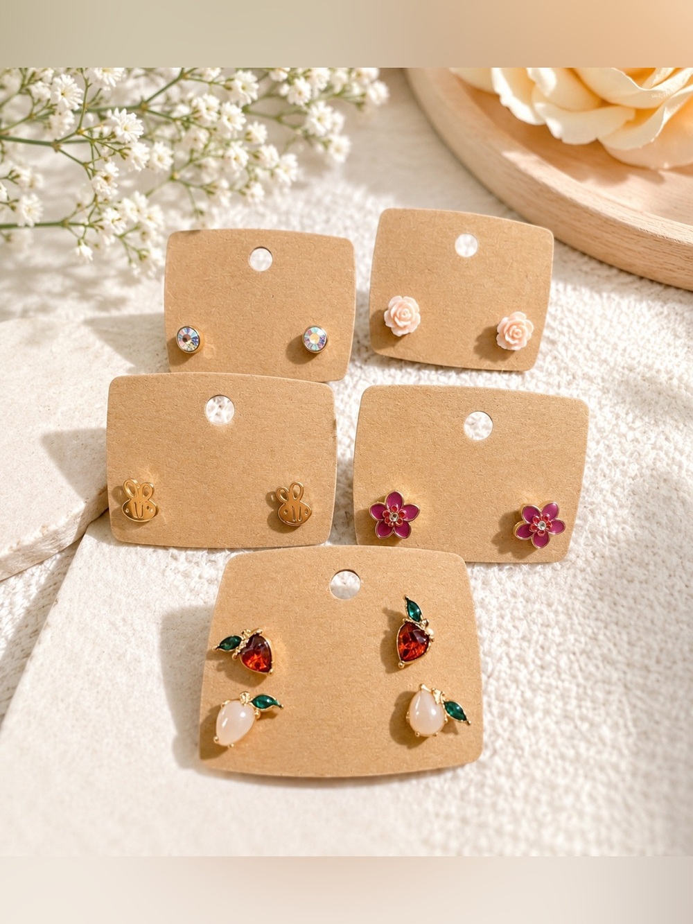 Assorted Girl’s Stud Earring Set - Pink, Peach, Red, White, Green Accents